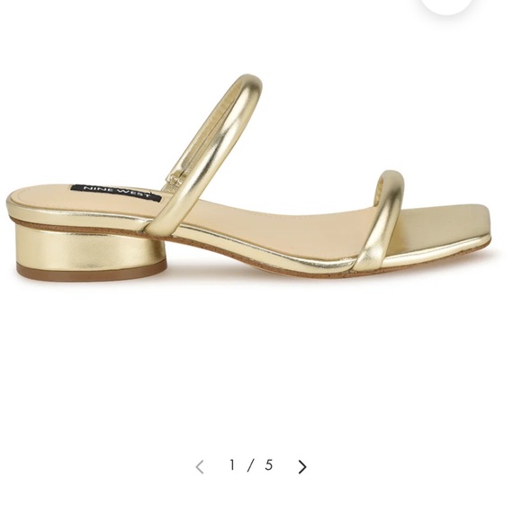 Nine west morellla slide sandals, gold open square toe mini heel - Picture 2 of 7